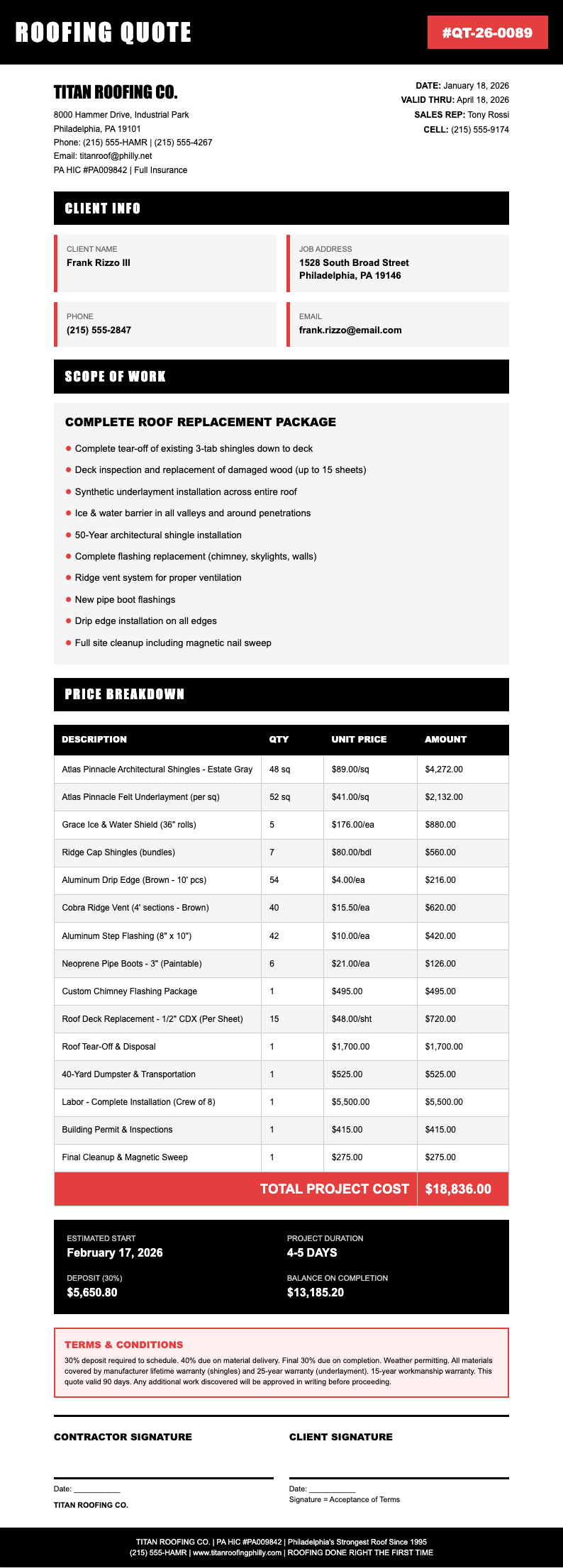 Bold contractor roofing quotation